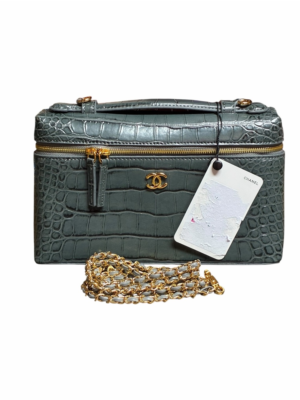 2026 Double C Croc-Embossed GrayGreen Vanity Crossbody with Gold Chain